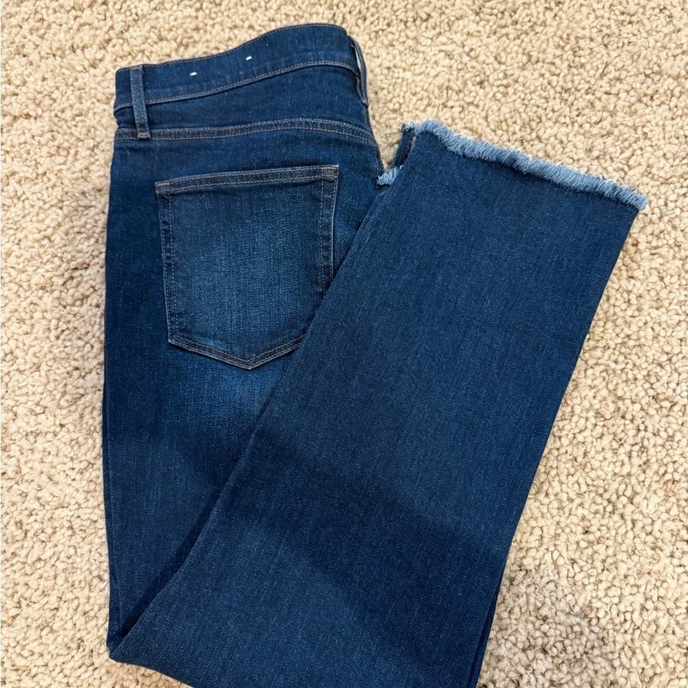 Ann Taylor LOFT Straight Leg Jeans 14 Dark Wash Frayed Hem 28” Inseam NWOT‎